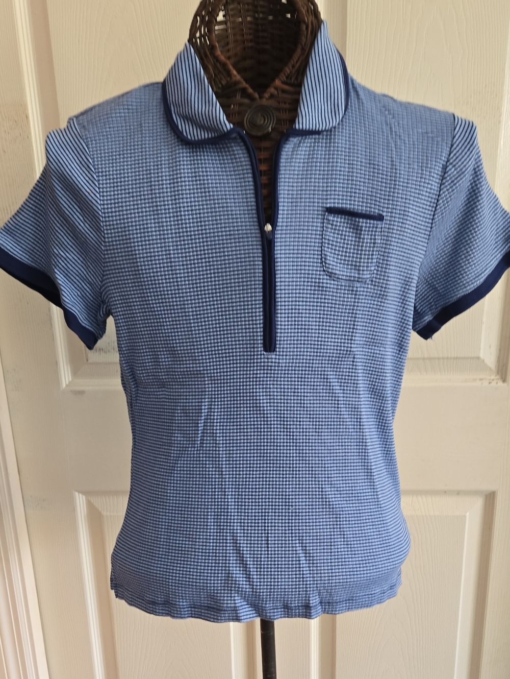 Liz Golf Women's Light Blue Micro-Check Short-Sleeve Golf Polo-Size L
